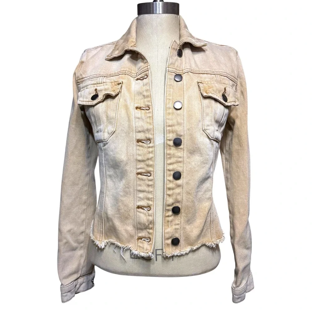 Kut From The Kloth XS Kara Denim Jacket Tan Boho Western Distressed Grunge‎ Fall